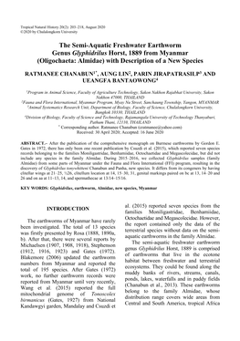 The Semi-Aquatic Freshwater Earthworm Genus Glyphidrilus Horst, 1889 from Myanmar (Oligochaeta: Almidae) with Description of a New Species