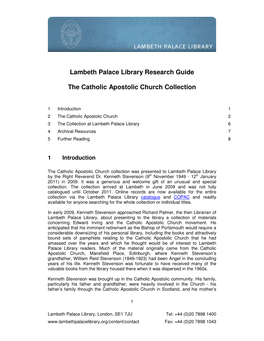 Lambeth Palace Library Research Guide the Catholic Apostolic