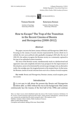 The Trap of the Transitionin the Recent Cinema of Bosnia And