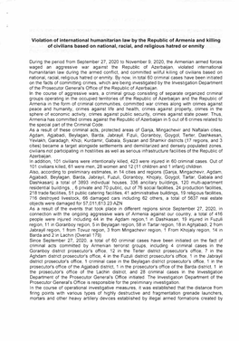 Violation of International Humanitarian Law by the Republic of Armenia and Killing of Civilians Based on National, Racial, and Religious Hatred Or Enmity