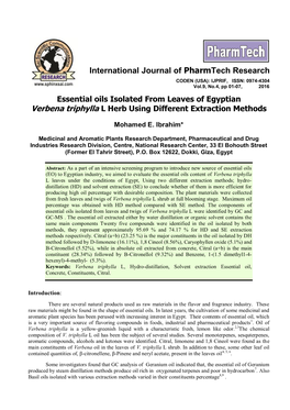 Essential Oils Isolated from Leaves of Egyptian Verbena Triphylla L Herb Using Different Extraction Methods