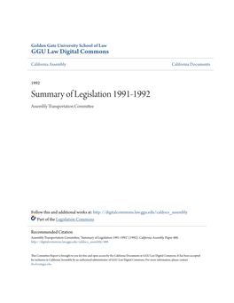 Summary of Legislation 1991-1992 Assembly Transportation Committee