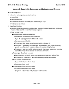 Lecture 9: Superficial, Cutaneous, and Subcutaneous Mycoses