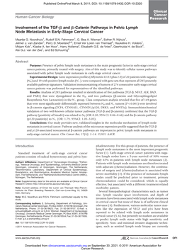 Involvement of the TGF-B and B-Catenin Pathways in Pelvic Lymph Node Metastasis in Early-Stage Cervical Cancer