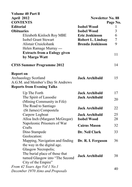 Volume 40 Part Ll April 2012 Newsletter No. 88 CONTENTS Page No