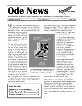 An Occasional Newsletter About Dragonflies and Damselflies in Southern New England Volume X, Number 1 ISSN 1084-9750 May 2003