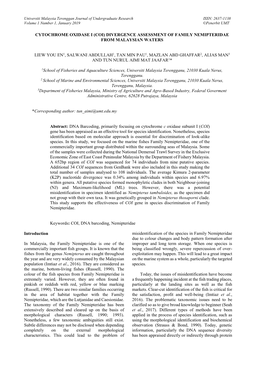 Cytochrome Oxidase I (Coi) Divergence Assessment of Family Nemipteridae from Malaysian Waters