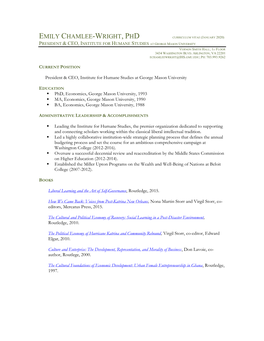 Emily Chamlee-Wright, Phd Curriculum Vitae (January 2020) President & Ceo, Institute for Humane Studies at George Mason University