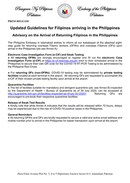 Updated Guidelines for Filipinos Arriving in the Philippines
