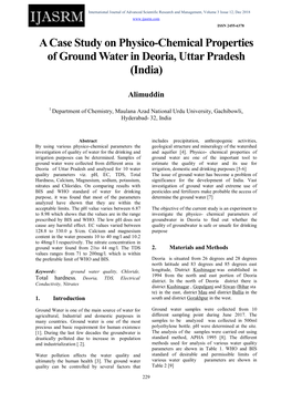 A Case Study on Physico-Chemical Properties of Ground Water in Deoria, Uttar Pradesh (India)