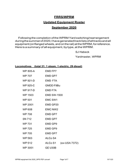 FRRS Bod Mtg Report 09-12-20 WPRM Equipment List 2020 WPS