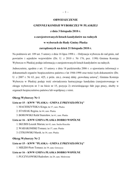 OBWIESZCZENIE GMINNEJ KOMISJI WYBORCZEJ W PŁASKIEJ Z Dnia 3 Listopada 2010 R