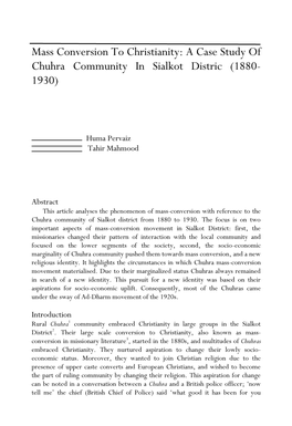 Mass Conversion to Christianity: a Case Study of Chuhra Community in Sialkot Distric (1880- 1930)