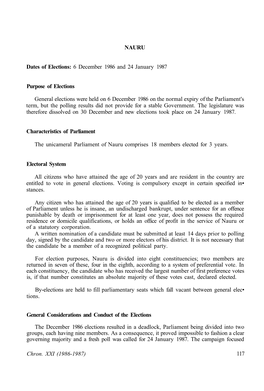 NAURU Dates of Elections: 6 December 1986 and 24 January