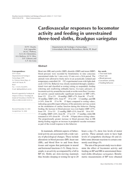 Cardiovascular Responses to Locomotor Activity and Feeding in Unrestrained Three-Toed Sloths, Bradypus Variegatus