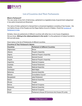 List of Countries and Their Parliaments