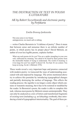 THE DESTRUCTION of TEXT in POLISH E-LITERATURE AE by Robert Szczerbowski and Electronic Poetry by Perfokarta