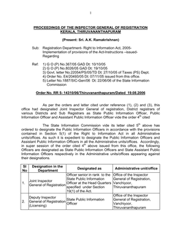 Proceedings of the Inspector General of Registration Kerala, Thiruvananthapuram