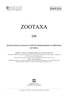 Annotated Catalogue of the Tachinidae (Insecta: Diptera) of China