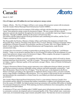 March 12, 2007 City of Calgary Gets $30 Million for New Heat and Power