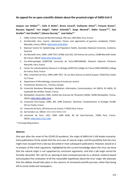 An Appeal for an Open Scientific Debate About the Proximal Origin of SARS-Cov-2