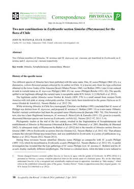 Two New Combinations in Erythranthe Section Simiolus (Phrymaceae) for the Flora of Chile