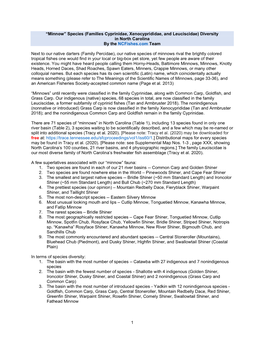 Minnow” Species (Families Cyprinidae, Xenocyprididae, and Leuciscidae) Diversity in North Carolina by the Ncfishes.Com Team