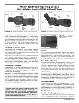 Orion® Trailhead™ Spotting Scopes #9520 15-45X65mm Straight • #9521 20-60X85mm 45° Angled