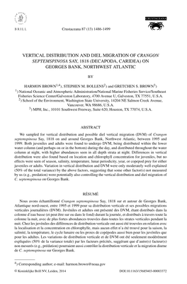 Vertical Distribution and Diel Migration of Crangon Septemspinosa Say, 1818 (Decapoda, Caridea) on Georges Bank, Northwest Atlantic