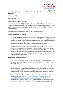 Campaign@Lcc.Org.Uk 020 7234 9310 London Cycling Campaign
