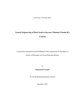 Genetic Engineering of Plant Seeds to Increase Thiamin (Vitamin B1)