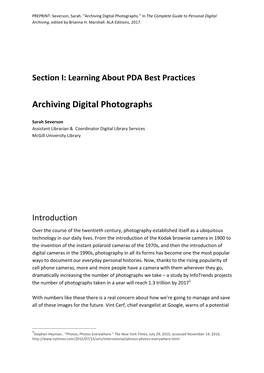 Archiving Digital Photographs.” in the Complete Guide to Personal Digital Archiving, Edited by Brianna H
