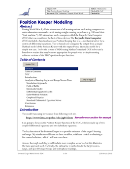 Position Keeper Modeling Checked By: Self Keywords: TDC, Submarine, Torpedo, World War II Checked By