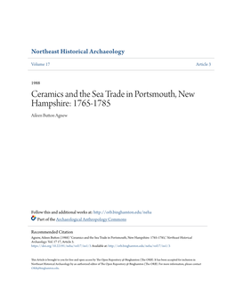 Ceramics and the Sea Trade in Portsmouth, New Hampshire: 1765-1785 Aileen Button Agnew