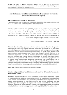 Etat Des Lieux Et Possibilités De Réhabilitation De La Subéraie De Nesmoth (Mascara ; Nord-Ouest D’Algérie)