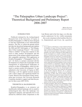 “The Palaepaphos Urban Landscape Project”: Theoretical Background and Preliminary Report 2006-2007