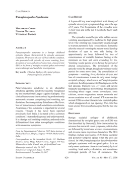 Panayiotopoulos Syndrome CASE R EPORT a 9-Year-Old Boy Was Hospitalized with History of Episodic Stereotypic Symptomatology Since the Age of 2 Years