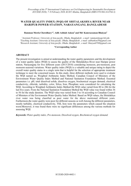 Water Quality Index (Wqi) of Shitalakshya River Near Haripur Power Station, Narayanganj, Bangladesh