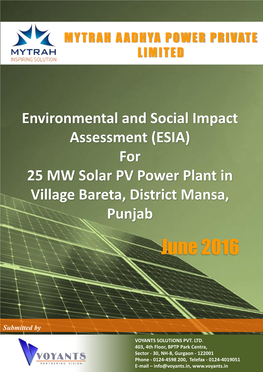 For 25 MW Solar PV Power Plant in Village Bareta, District Mansa, Punjab June 2016