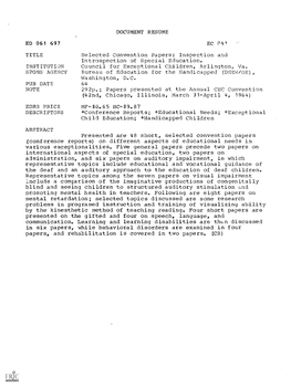 DOCUMENT RESUME ED 061 697 TITLE Selected Convention Papers: Inspection and Introspection of Special Education. INSTITUTION Coun