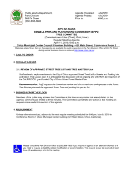 Public Works Department, Agenda Prepared: 4/8/2019 Park Division Agenda Posted: 4/8/2019 965 Fir Street Prior To: 6:00 P.M