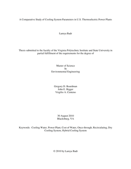 A Comparative Study of Cooling System Parameters in U.S. Thermoelectric Power Plants