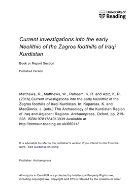 Current Investigations Into the Early Neolithic of the Zagros Foothills of Iraqi Kurdistan