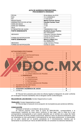 Acta De Audiencia Preparatoria. Procedimiento Ordinario