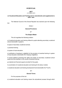 61/2015 Coll. ACT of 12 March 2015 on Vocational Education And