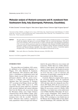 Molecular Analysis of Muticaria Syracusana and M. Neuteboomi from Southeastern Sicily, Italy (Gastropoda, Pulmonata, Clausiliidae)