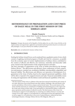 Methodology of Preparation and Cost Price of Daily Meal in the First Mission of the Serbian Army