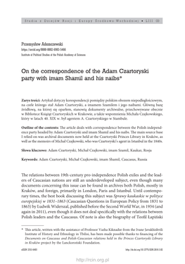 On the Correspondence of the Adam Czartoryski Party with Imam Shamil and His Naibs*1