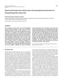 Nanos and Pumilio Have Critical Roles in the Development and Function of Drosophila Germline Stem Cells