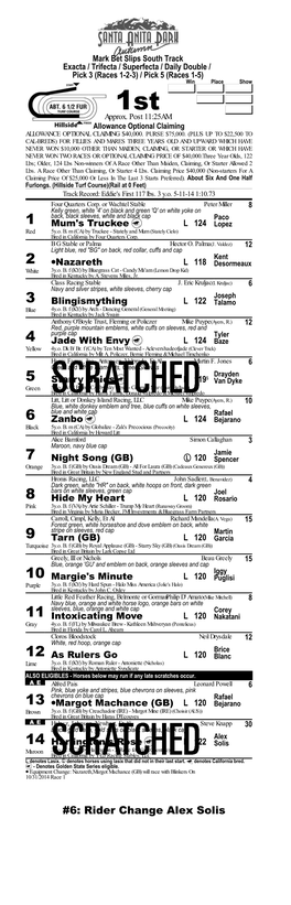 6: Rider Change Alex Solis Mark Bet Slips South Track Exacta / Trifecta / Superfecta / Daily Double/ Pick 3 (Races 2-3-4) Win Place Show 2Nd Approx